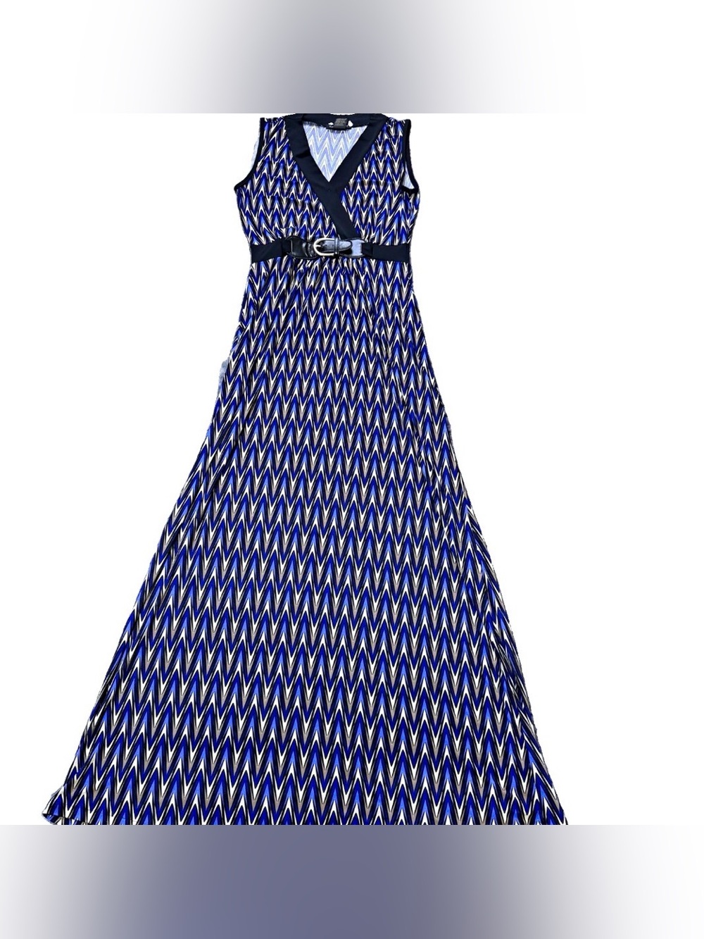 Susan Lawrence Chevron Faux Wrap Belted Maxi Dress Blue Black White XS